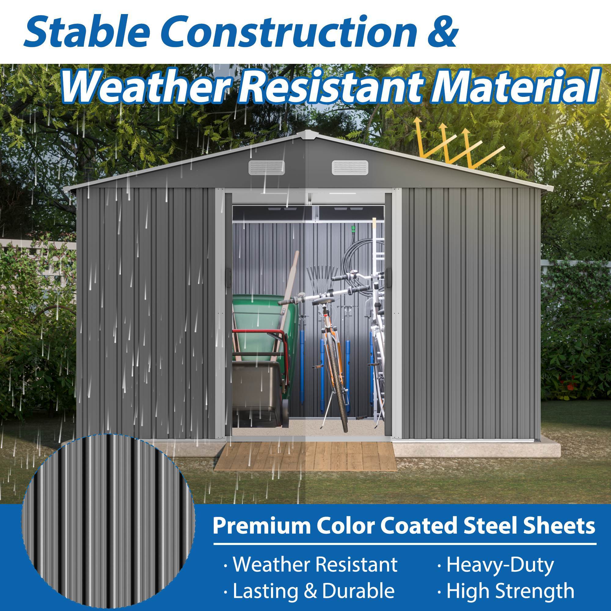 10X8 FT Outdoor Storage Shed, Metal Foundation & Lockable Doors, Tool Shed For Garden, Patio, Backyard, Lawn, Grey - Image 9