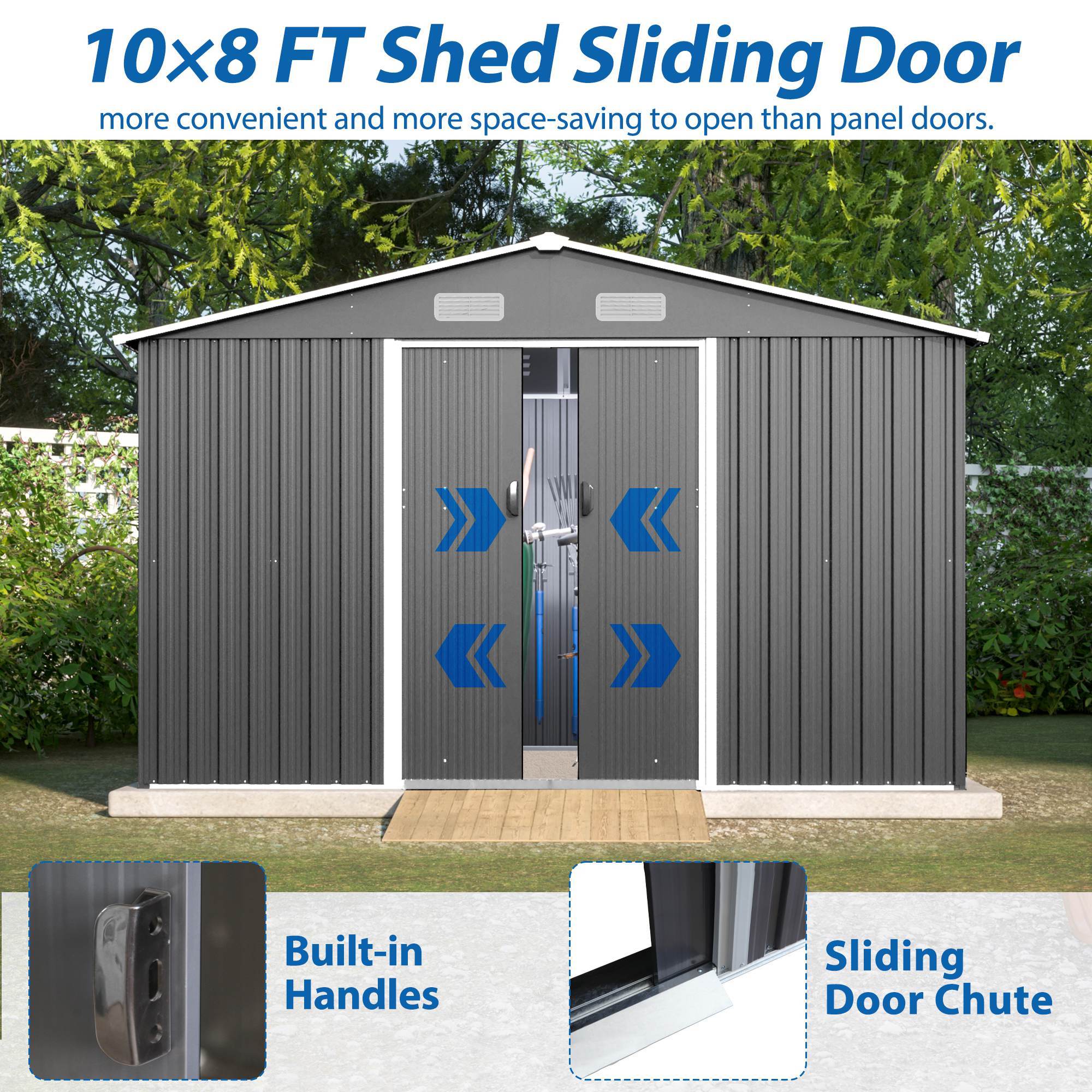 10X8 FT Outdoor Storage Shed, Metal Foundation & Lockable Doors, Tool Shed For Garden, Patio, Backyard, Lawn, Grey - Image 7