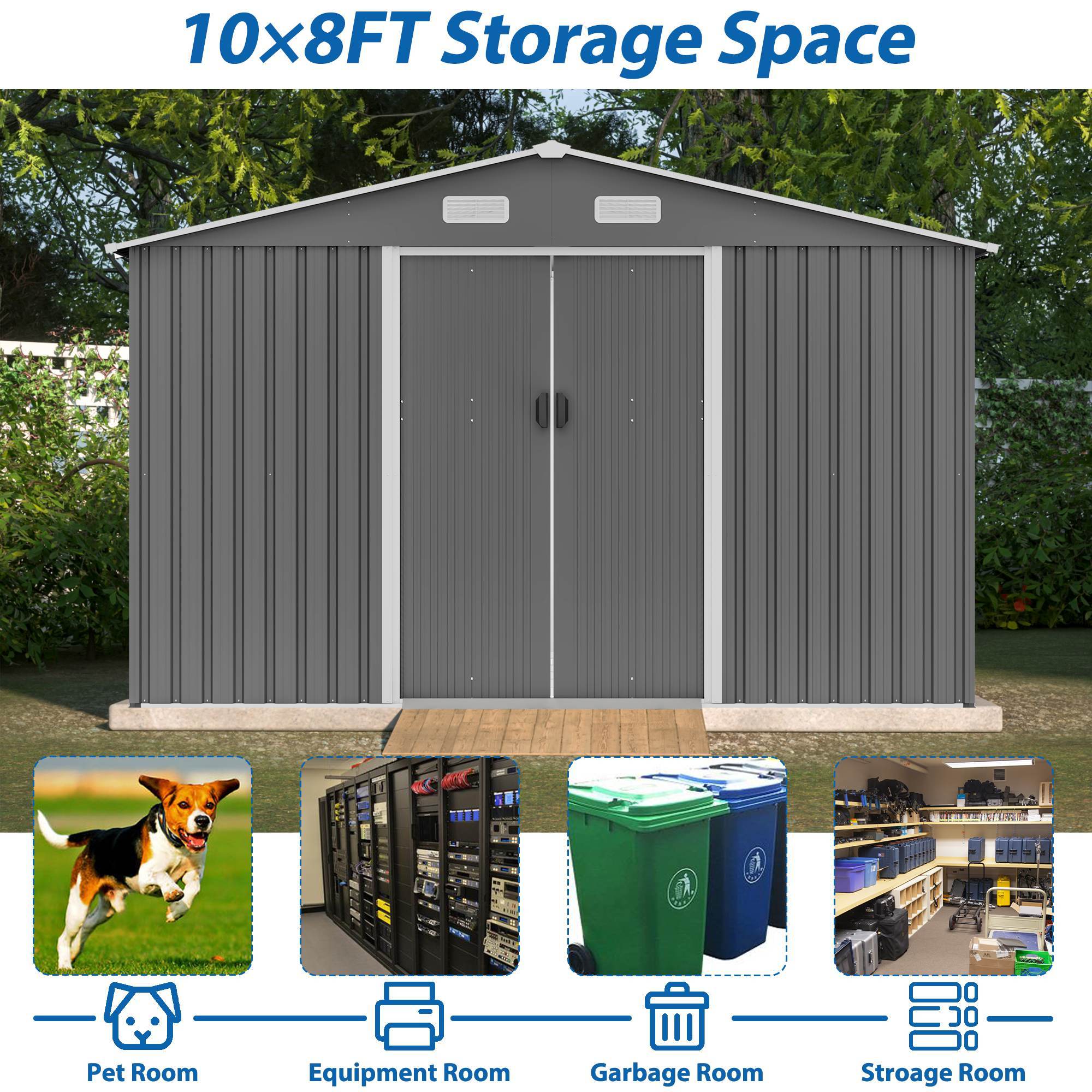 10X8 FT Outdoor Storage Shed, Metal Foundation & Lockable Doors, Tool Shed For Garden, Patio, Backyard, Lawn, Grey - Image 5