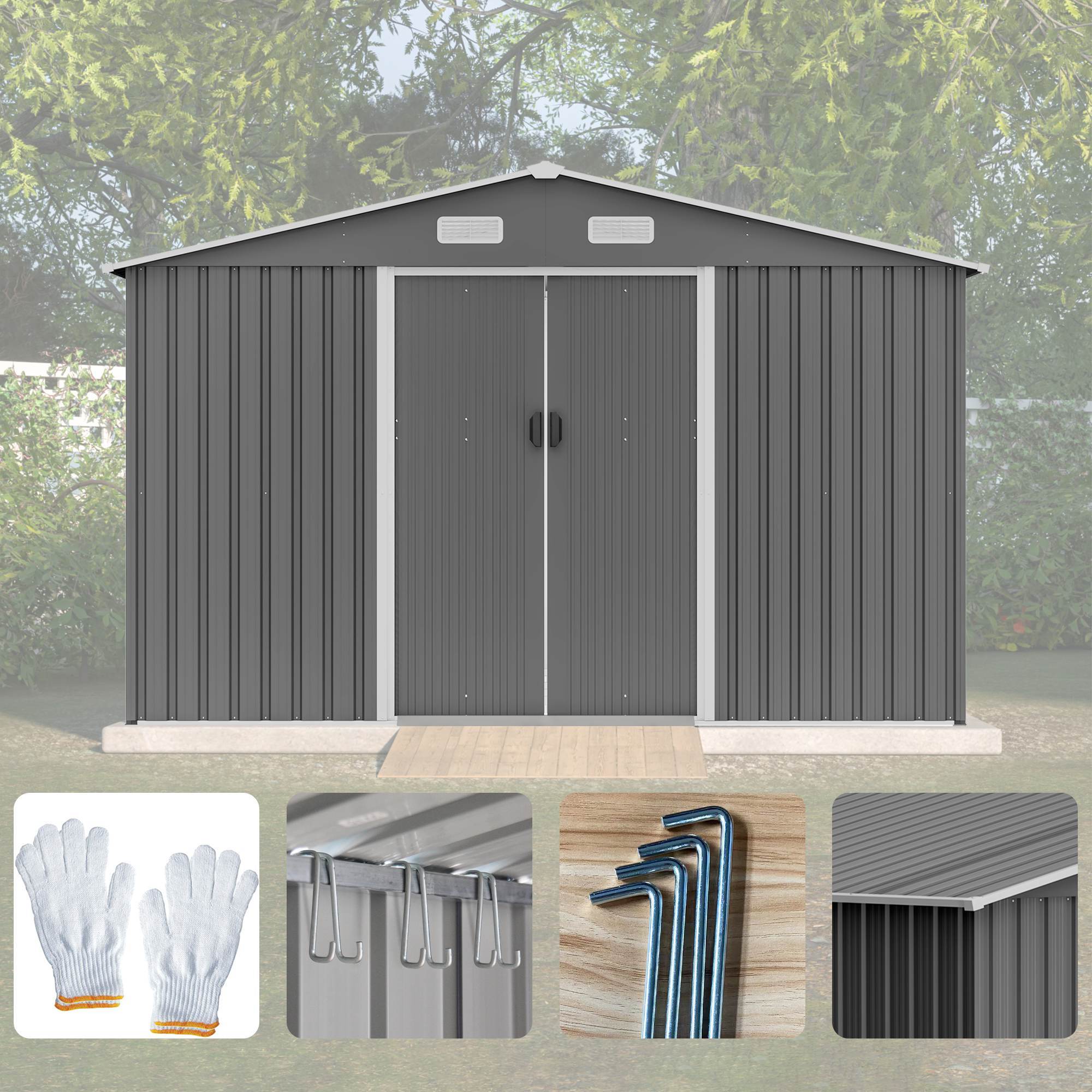 10X8 FT Outdoor Storage Shed, Metal Foundation & Lockable Doors, Tool Shed For Garden, Patio, Backyard, Lawn, Grey - Image 10